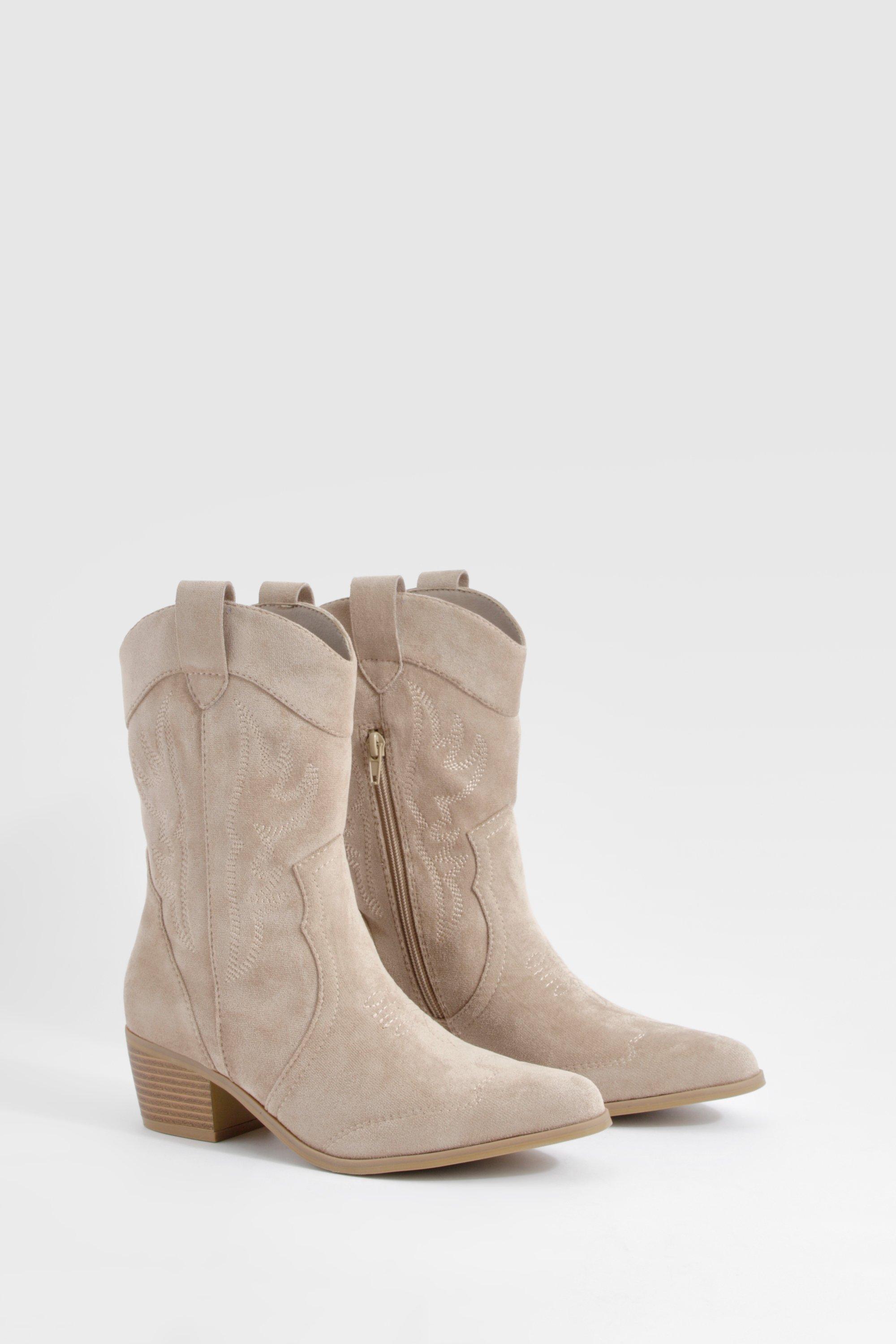 Boohoo Embroidered Western Ankle Cowboy Boots, Light Beige