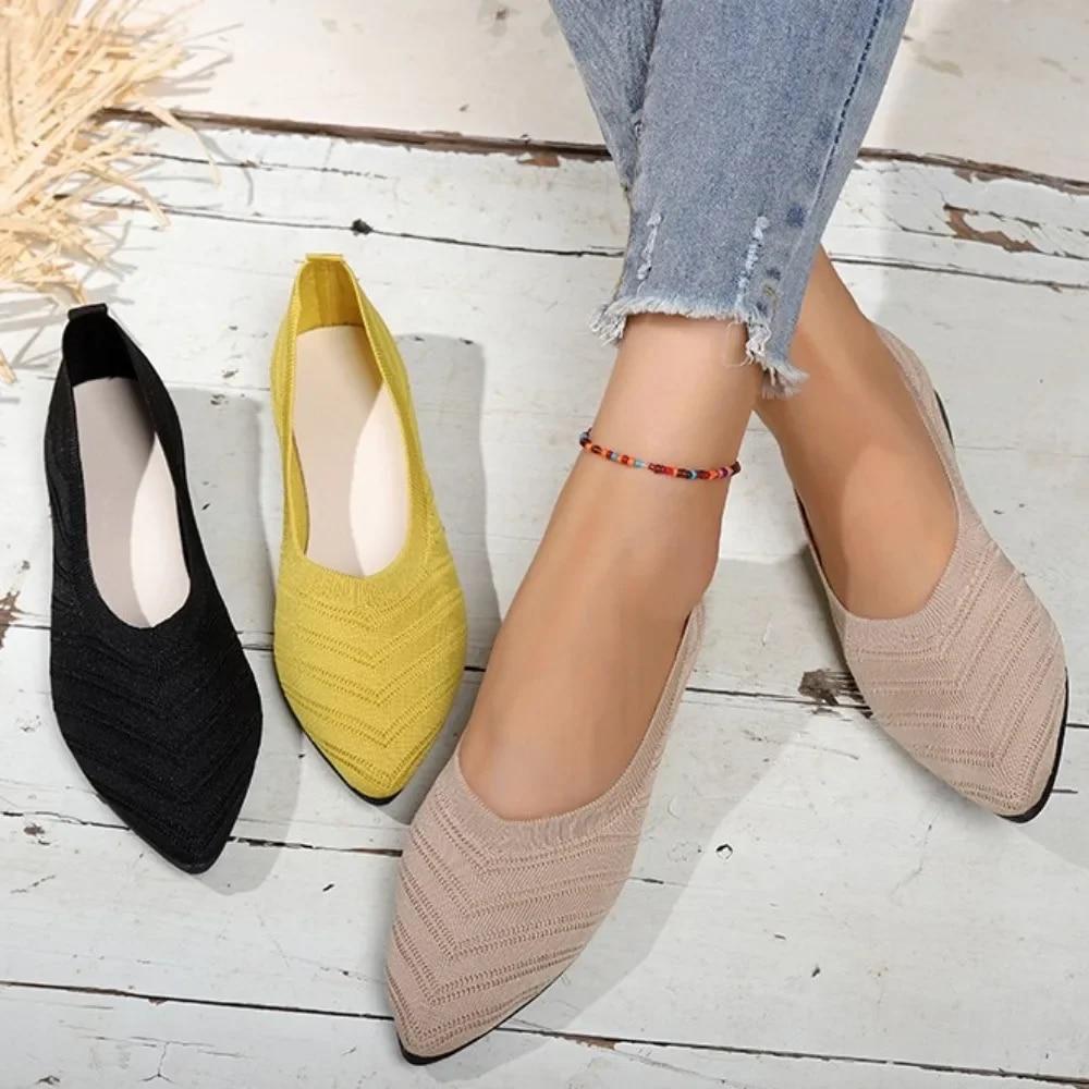 Clothing 04 Women's Pointed Toe Flat Shoes Solid Color Knitted Slip on Shoes Casual Breathable Ballet Flats Women Flat Shoes Loafers