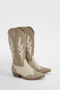 Contrast Panel Western Cowboy Boots, Taupe