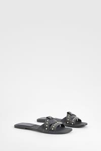 Boohoo Geweven Leren Sandalen Met Studs En Hakken, Black