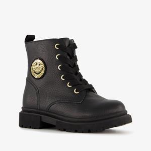TwoDay leren meisjes veterboots zwart met smiley