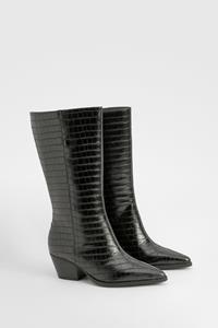 Brede Krokodillen Cowboylaarzen Met Lage Blokhakken, Black