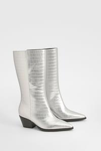 Brede Krokodillen Cowboylaarzen Met Lage Blokhakken, Silver