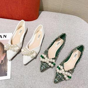 Finshoes Lente zomer nieuwe puntige platte schoenen dames groene, zuivere witte flats met grote parels uniek ontwerp 35 groen