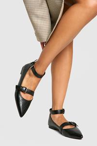 Boohoo Platte Schoenen Met Gesp Detail En Puntneus, Black