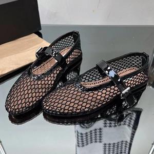 Finshoes Nieuwe Ballet Flat Schoenen Dames Mesh Hollow Outs Mary Jane Schoenen Echt Leren Loafers Klinknagels Studs Zomer Wandelschoenen Dames 35