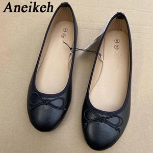 Aneikeh 2024 Zomer Zoete Ondiepe Strik Ballet Flats Hak Dames Loafers Schoenen Mode Slip-On Elegante Zijden Ballet Muiltjes zwart 36 zwart