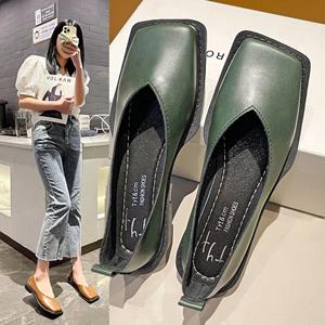 LaLaShoes Platte schoenen Dames Vierkante neus Enkel schoenen Eenvoudig temperament Leren schoenen Lente Herfst 4 kleuren 35 groen