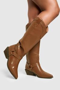 Nep Suède Western Knielaarzen Met Harnas Detail, Tan