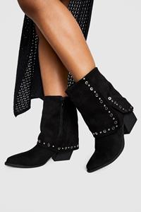 Boohoo Western Laarzen Met Studs En Omgeslagen Pijpen, Black