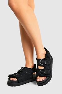 Boohoo Brede Bouclé Dad Sandalen, Black