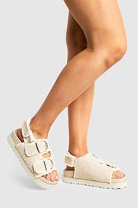 Boohoo Brede Bouclé Dad Sandalen, Cream