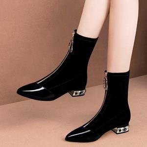 Hawayi Vrouwen glanzende pailletten enkellaarsjes lente/herfst mode puntige voorkant rits strass vierkante hakken korte laarzen retro motorschoenen 42 zwart