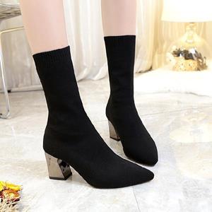 Chic Steps mode Comemore Damesjurk Puntige Mid-hak Korte Enkellaars Vrouwelijke Herfst 2024 Gebreide Blok Lage Hak Hoge Sokken Laarzen Schoenen 35 zwart