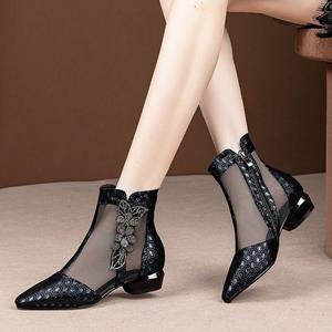 Step Forward Women's Rhinestone Flat Sandals Summer New Fashion Pointy Hollow Mesh Boots Thick Heel Cool Boots 35 zwart