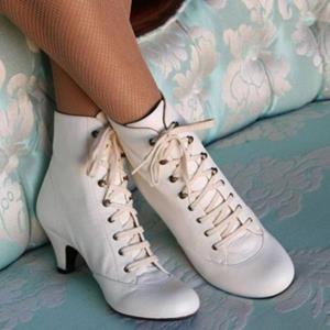 KH55NP Mode Victoriaanse leren laarzen met ronde neus voor dames Rustieke laarsjes Steampunk veterschoenen met lage hak Vintage enkellaarzen Jeanslaarzen EUR 35 wit