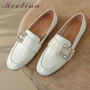 Meotina Vrouwen Loafers Schoenen Schapenvacht Lakleer Platte Schoenen Ronde Neus Kristal Dames Schoenen Lente Herfst Zwart Wit 41 33 zwart