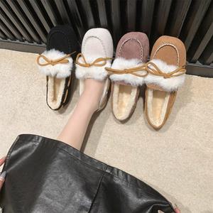 L.RIDING PULO Zachte Zool Katoenen Enkele Schoenen Voor Vrouwen 2023 Nieuwe Ronde Kop Herfst En Winter Pluche Casual Bean Schoenen Warme Platte Bodem Mom's Schoenen 35 roze