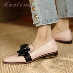 Meotina Dames Natuurlijk lederen loafers Schoenen Vierkante neus Platte schoenen Boog Mode Damesschoenen Lente Herfst Roze Zwart 34 zwart