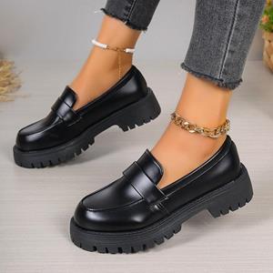 BeautyFeet Britse stijl platform loafers vrouwen 2024 plus size ronde neus enkele schoenen vrouw dikke onderkant pu leren schoenen 35 zwart