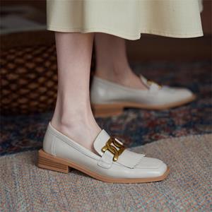 Meotina Fringe Vierkante Teen Echte Leren Loafers Schoenen Dames Lage Hakken Pumps Metalen Decoratie Slip On Blokhak Schoenen 34-40 34 beige
