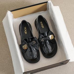 Finshoes Loafers met dikke zolen Dames lente en herfst Retro kleine leren schoenen Zwarte strik Zachte zool Enkele schoenen Dames 35 zwart