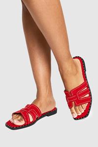 Boohoo Platte Sandalen Met Studs En Bandjes, Red
