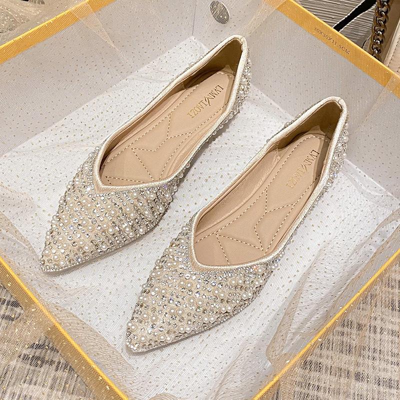 Framont Fashion House Dames Ballet Flats Schoenen Strass Loafers Platte Puntige Neus Schoenen Dames Casual Slip on Flats Schoenen Bootschoenen 2024 35 abrikoos