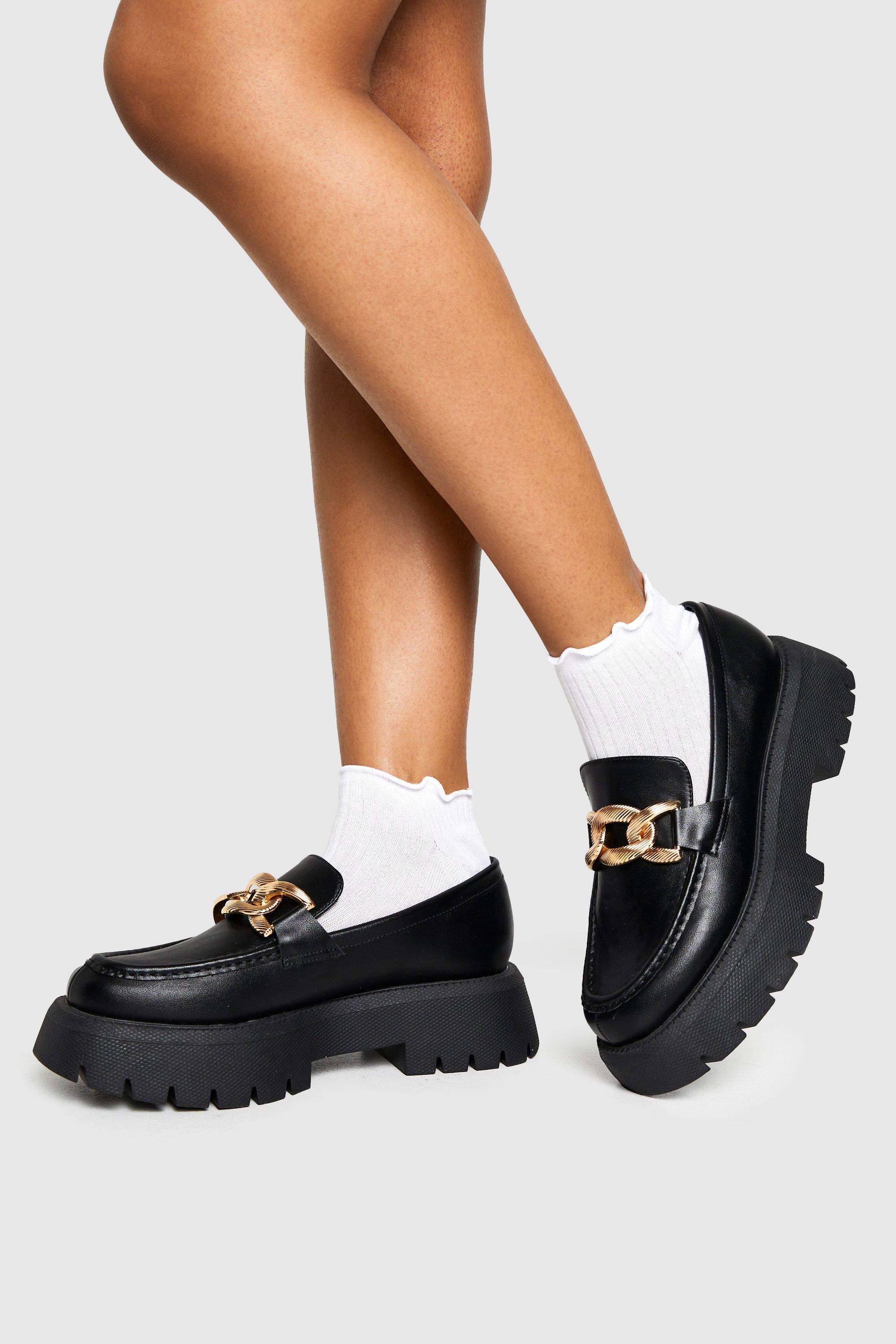Boohoo Wide Fit Chunky Overlay Strap Hardware Loafers, Black