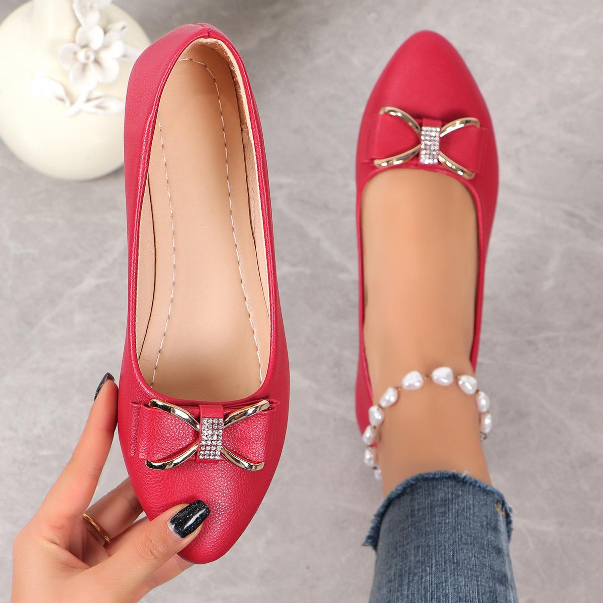 Elegant Home Furnshings Puntschoenen voor Dames Mode Casual Strik Platte Zachte Zool Grote Maat Lage Instap Dames Schoenen Effen Kleur Ballerina's 41 rood