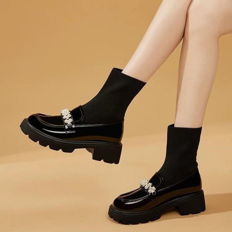 Gtimeshoes Dikke zolen sokken laarzen, dames leren laarzen, glanzende afwerking 40 zwart