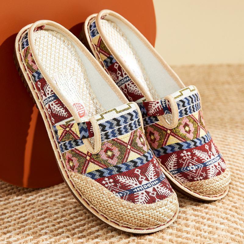 LaLaShoes Doek Schoenen Dames Linnen Stro Geweven Casual Schoenen Student Mori Half Slipper Schoenen Etnische Stijl Geborduurde Damesschoenen 40