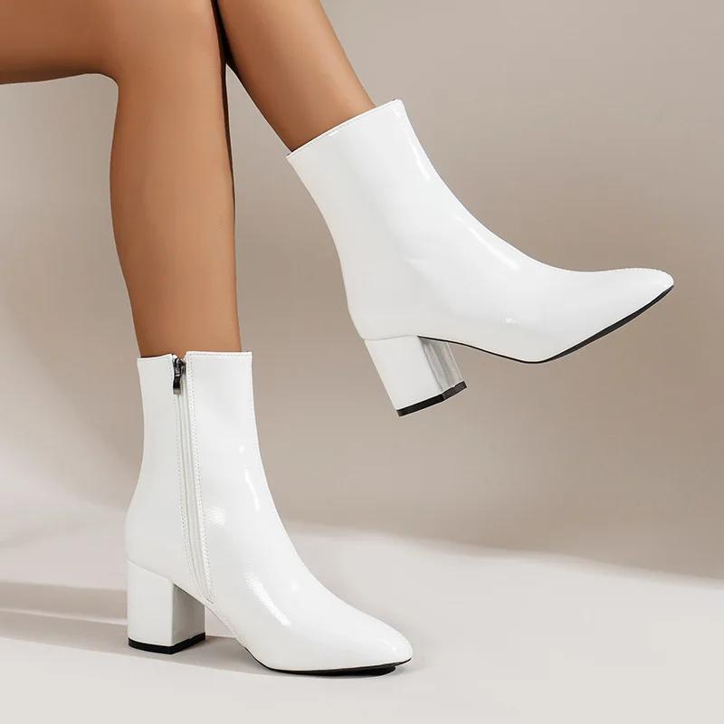 Shoes Family Zwarte enkellaarsjes voor dames met rits aan de zijkant, stretch, middelhoge hak, grote maat, korte laars, modieuze puntige schoenen, Botas De Mujer 2025nieuw 35