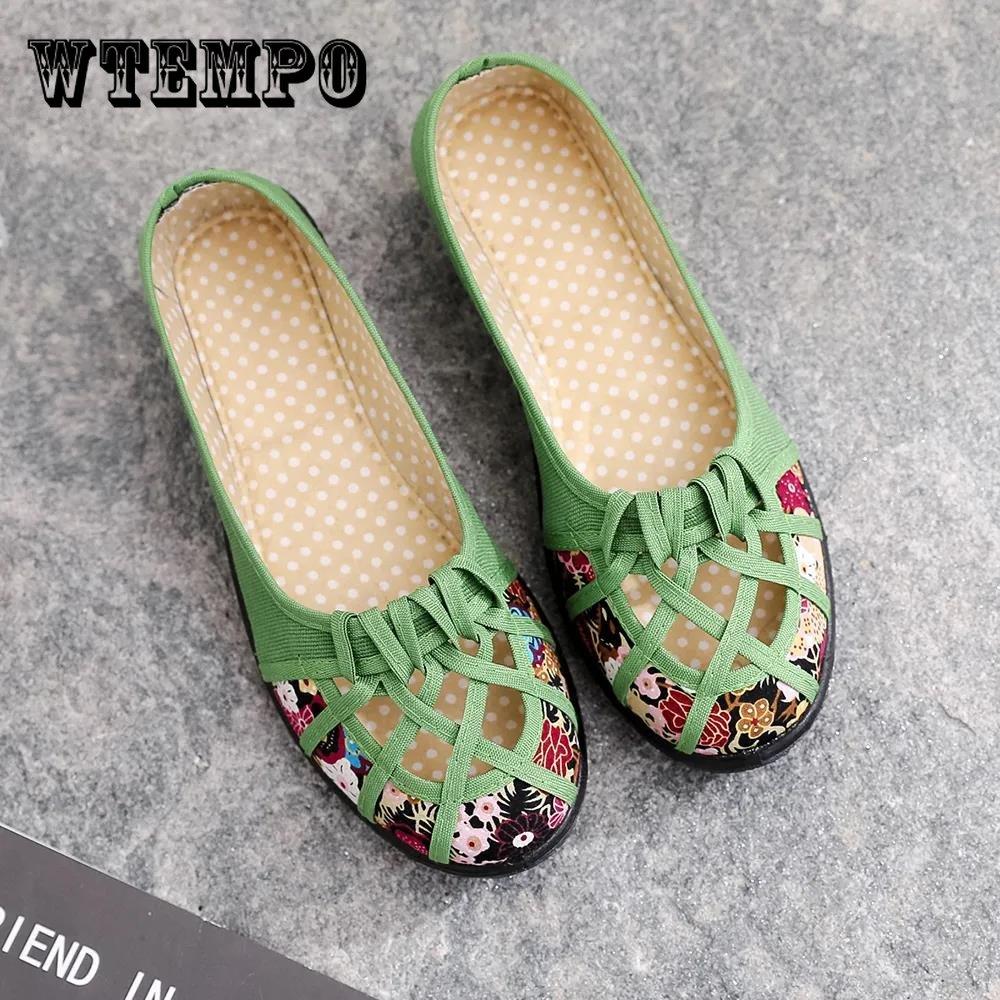 WTEMPO Lente Zomer Doek Schoenen Dames Uitgehold Antislip Zachte Bodem Enkele Schoenen Grote Maat Print Platte Slip-on Sandalen 40