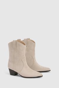 Boohoo Faux Suede Tab Detail Western Cowboy Ankle Boots, Beige
