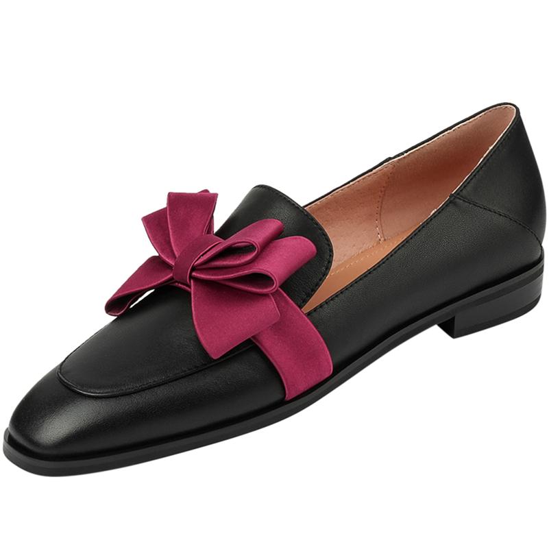 Meotina Dames Natuurlijk lederen loafers Schoenen Vierkante neus Platte schoenen Boog Mode Damesschoenen Lente Herfst Roze Zwart 34 zwart