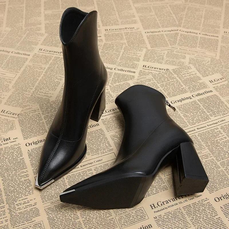 DOKI Herfst en winter hoge hakken met pluche sexy vrouwen dikke enkel Chelsea laarzen puntige neus rits goth pumps schoenen woon-werkverkeer vierkante hak slanke laarzen 34 zwart