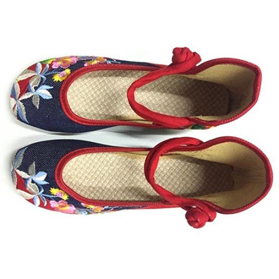 Futureminded Dames elegante kunstfeest casual platte Chinese stijl bloem geborduurde stoffen schoenen 40 marineblauwe kleur