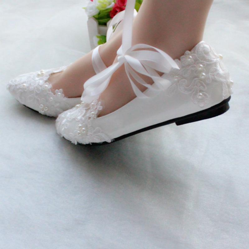 Leayond Damesschoenen Volwassen Flats Bruiloftsschoenen Feest Grote Maat Parel Strass Kralen Enkelband Veterschoenen 34