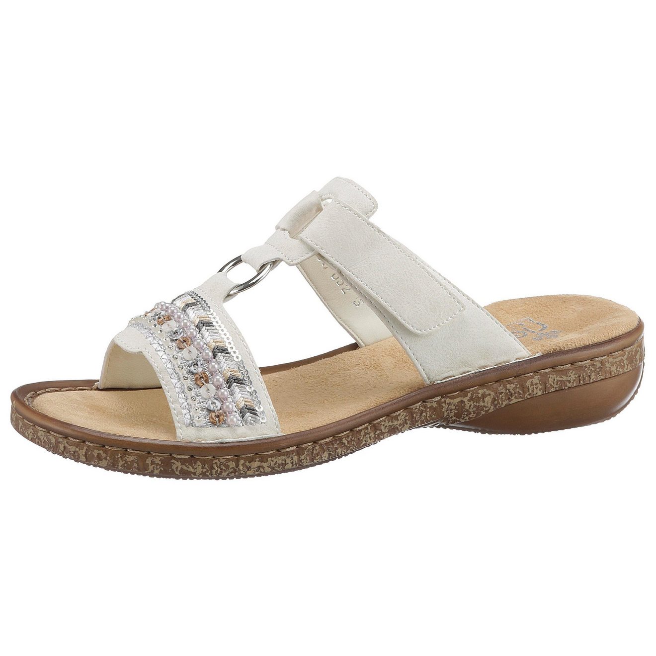 Rieker Slippers sleehak, zomerschoen, pantoffels met pailletten- en parelrand