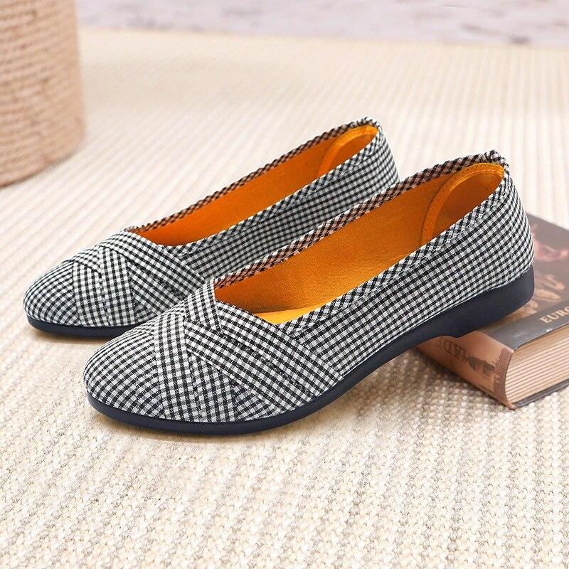Fashion Flyshoes Geruite Platte Schoenen 2024 Lente Zomer Ademend Lichtgewicht Schoenen Met Zachte Zolen Zachte Doek Schoenen Ondiepe Casual Werkschoenen Dames 41 zwart