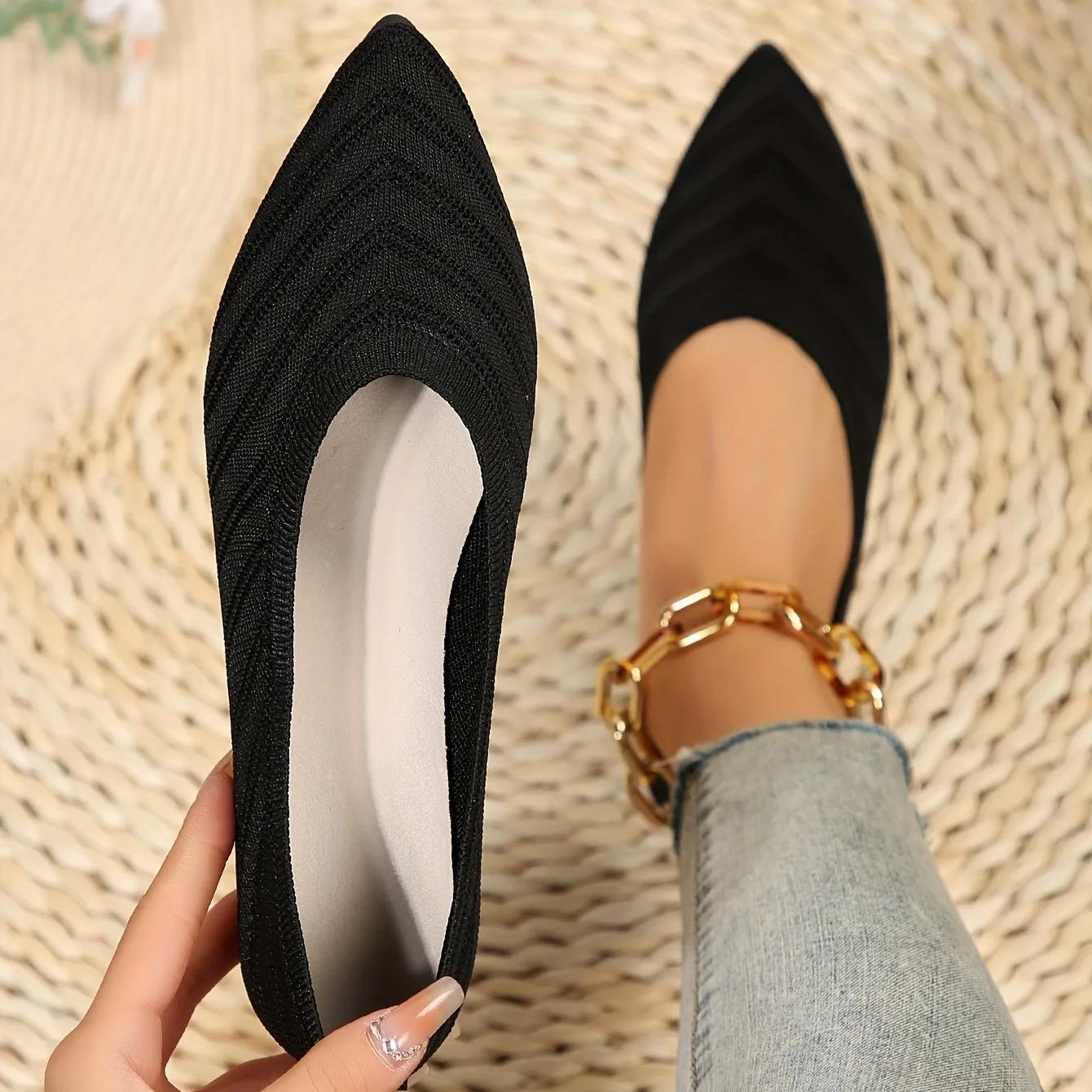 Yoghurt Dames Puntige Teen Platte Schoenen Effen Kleur Gebreide Instappers Casual Ademende Platte Dames Platte Loafers Comfortabele Damesschoenen 37 zwart