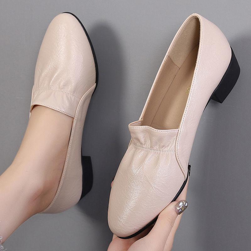 WTEMPO Enkelvoudige leren schoenen Dames platte dikke hak werkschoenen Damesschoenen met ronde neus Zachte zool Mid-hak werkschoenen 35 beige
