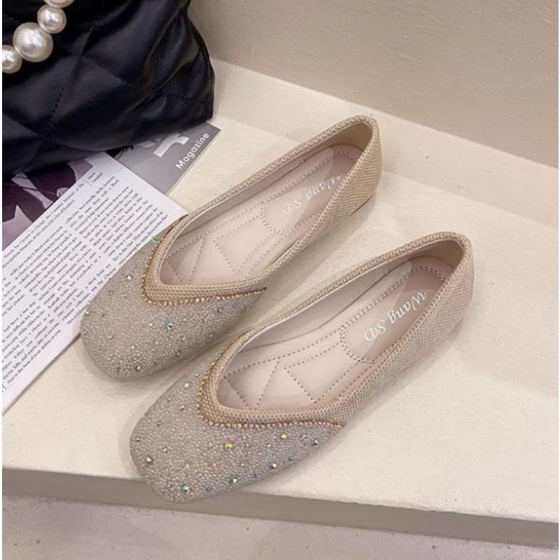 WTEMPO Platte damesschoenen Modieus Vierkante neus Mesh Ademend Comfortabel Zachte zool Strass Veelzijdig Temperament Lage hak Enkele schoenen 40 abrikoos