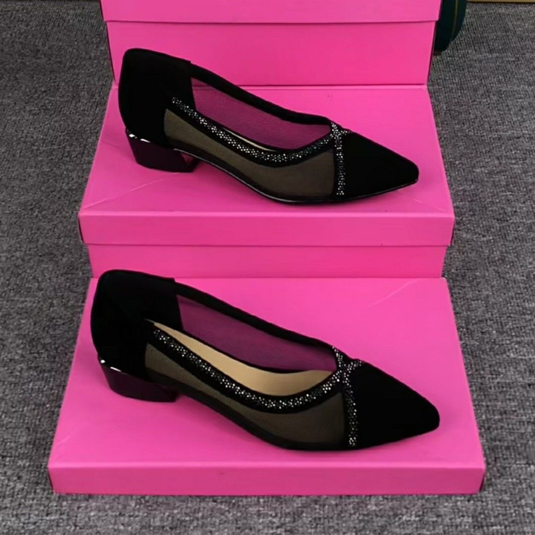 WTEMPO Dames Mesh Opengewerkte Leren Schoenen Dames Puntige Lage Hak Ondiepe Mond Zachte Zool Antislip Ademende Schoenen Schoeisel 36