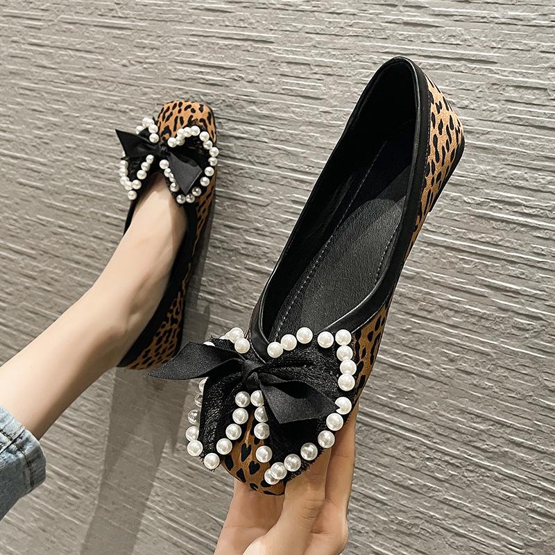 Umsif Dames luipaard platte schoenen met strik Business Casual Loafer Antislip Vierkante teen Platte balletwandelschoenen voor Avondfeest Mode Loafers Geklede schoenen 44 bruin
