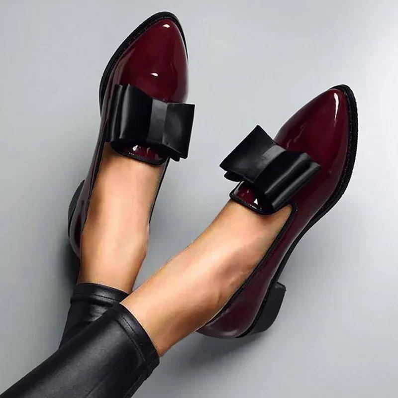 LaLaShoes Nieuwe dames loafers met strikversiering, puntige neus, platte schoenen voor dames, lakleer, ondiepe mond, forensenschoenen voor dagelijks gebruik, casual schoenen 39