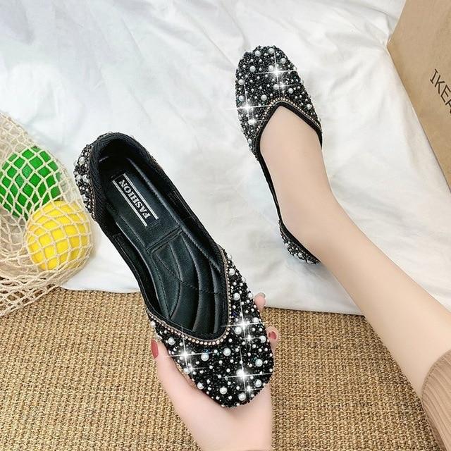 Clothing 04 Glitter Kristal Parel Studs Balletschoenen Dames Vierkante Teen Instappers Loafers Gezellig Ondiep Uitgesneden Ballerina Flats Mocassins Dames 35