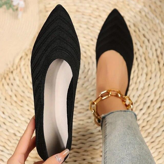 Clothing 04 Dames platte schoenen met puntige neus, effen kleur, gebreide instappers, casual ademende ballerina's, dames platte schoenen, loafers 38
