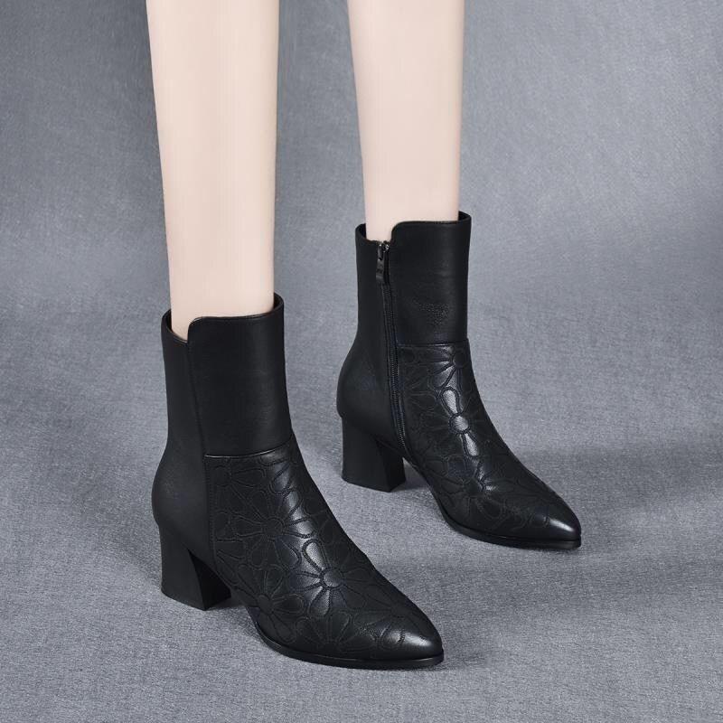 WTEMPO Dames enkellaarsjes Mode korte zachte lederen hoge hak damesschoenen zijrits voor dames 38